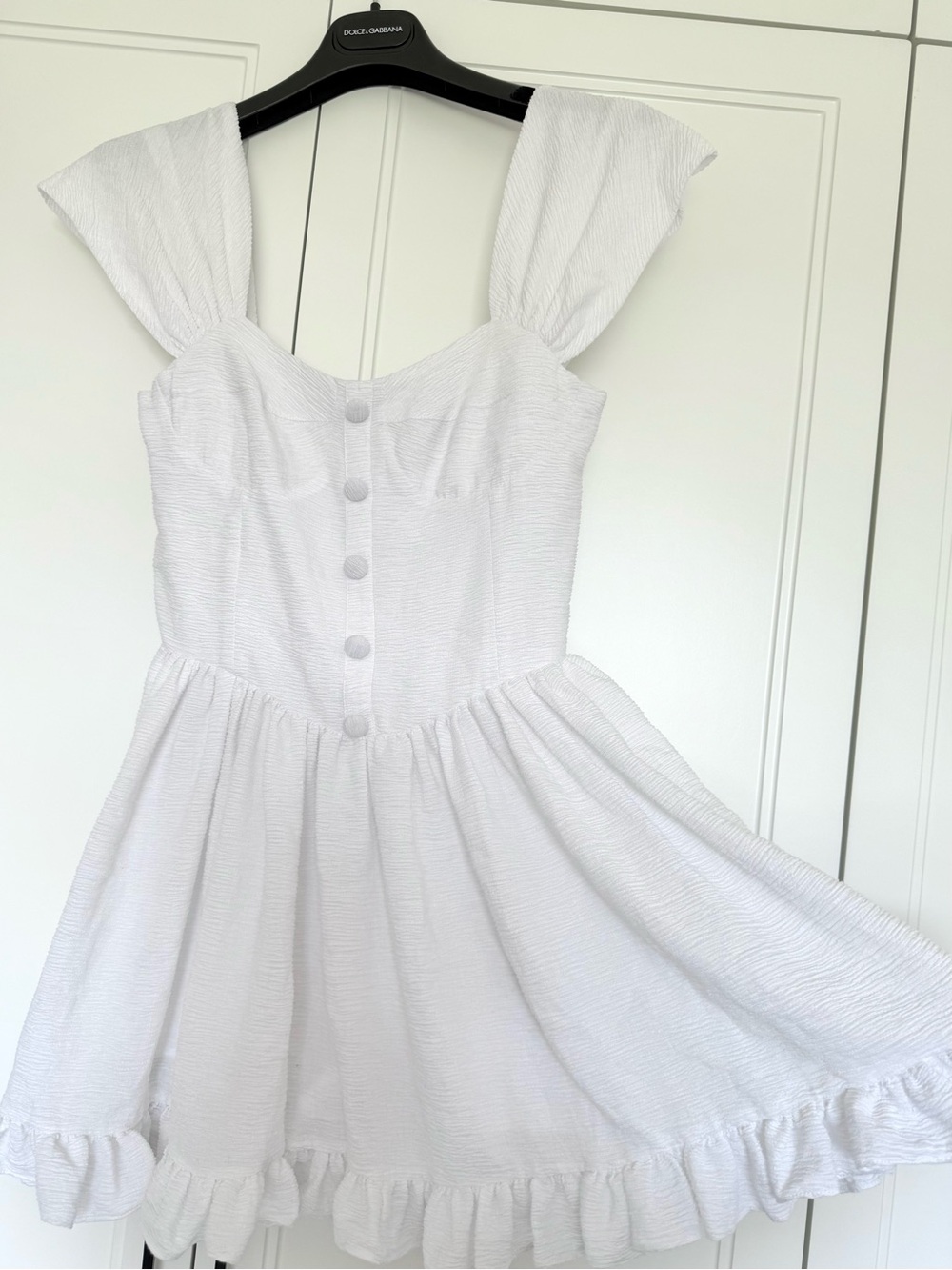 White Ruffle-Hem Mini Dress with Button Front - Picture 3 of 10